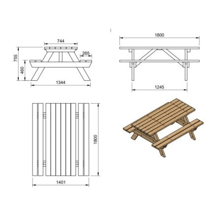 Mesa de picnic MASGAMES MUNICH L 180 cm largo Madera sin pintar Mesa sin respaldo