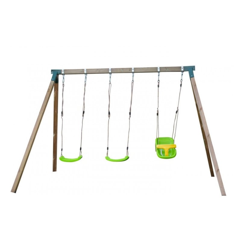 Columpio triple de madera cuadrada Masgames NORI XL + asiento bebe