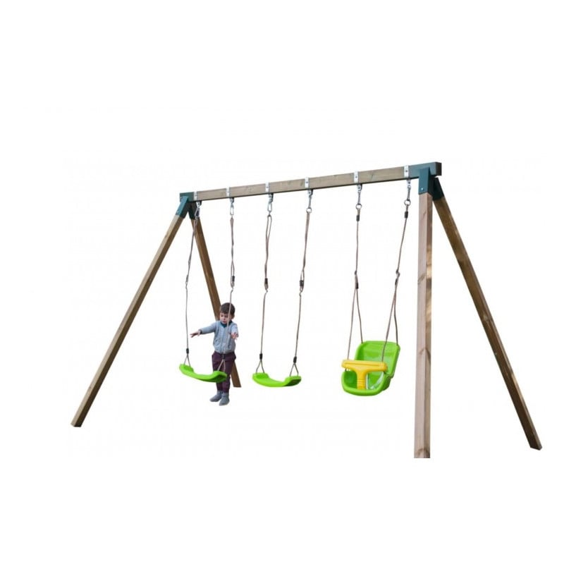 Columpio triple de madera cuadrada Masgames NORI XL + asiento bebe