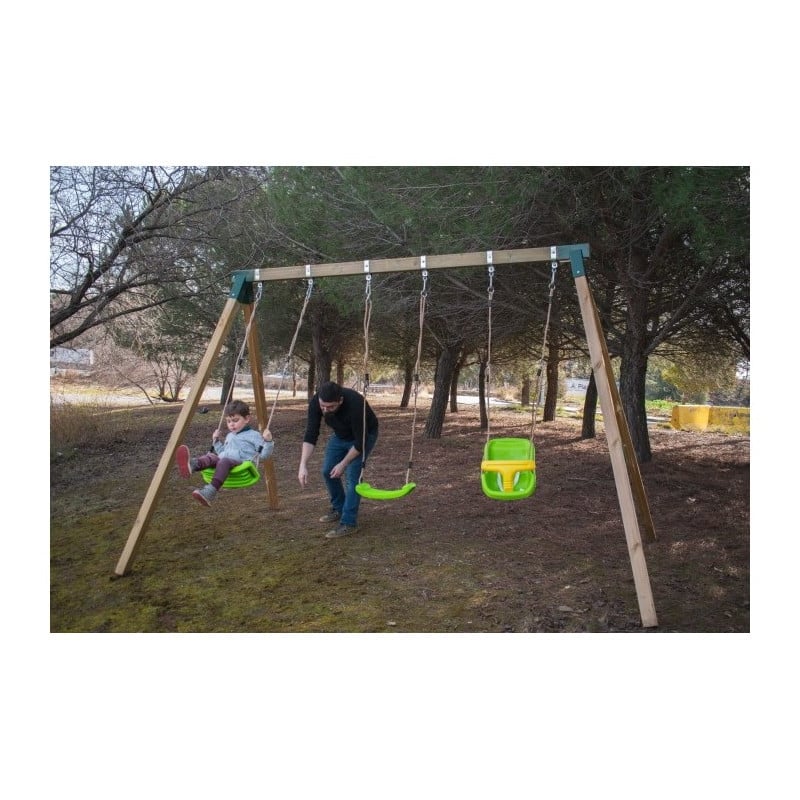 Columpio triple de madera cuadrada Masgames NORI XL + asiento bebe