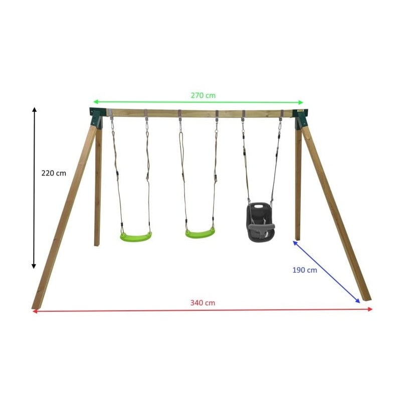 Columpio triple de madera cuadrada Masgames NORI XL + asiento bebe