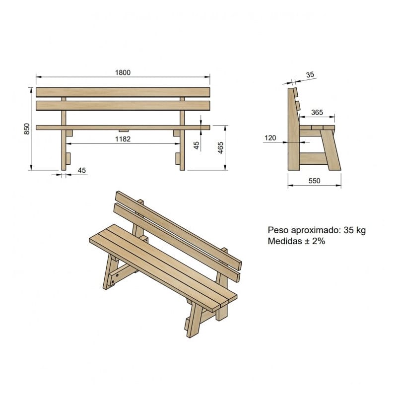 Banco de madera con respaldo MASGAMES VIC