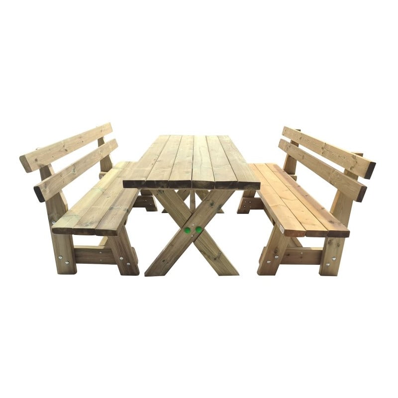 Mesa de madera XERTA con bancos con respaldo VIC