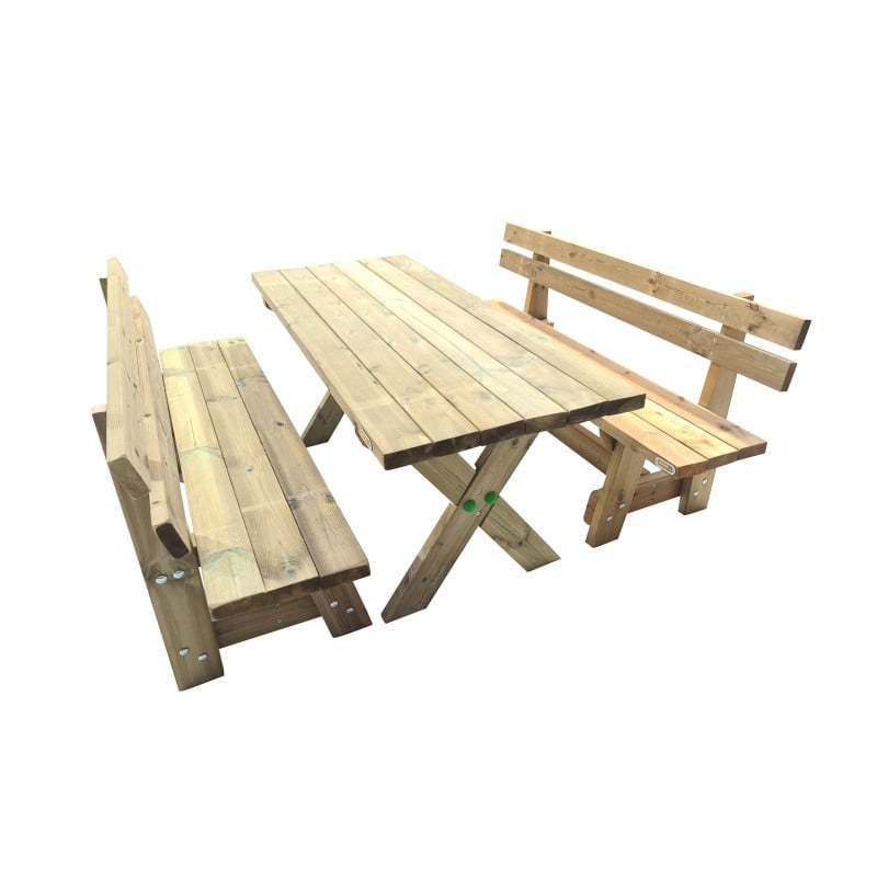 Mesa de madera XERTA con bancos con respaldo VIC
