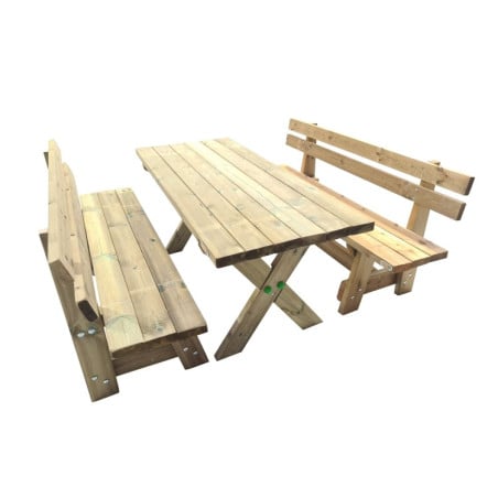 Mesa de madera XERTA con bancos con respaldo VIC