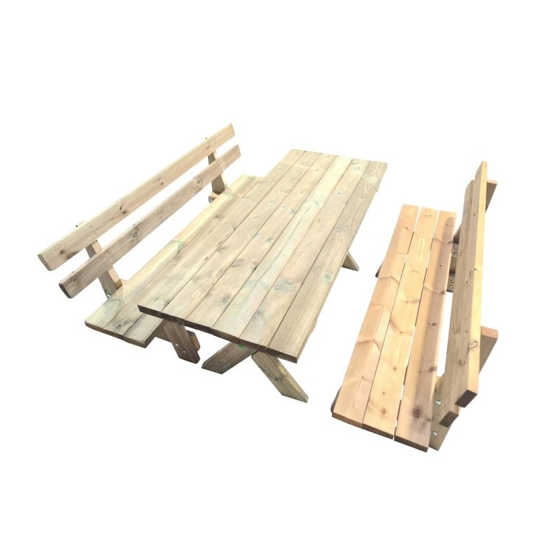Mesa de madera XERTA con bancos con respaldo VIC