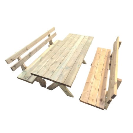 Mesa de madera XERTA con bancos con respaldo VIC