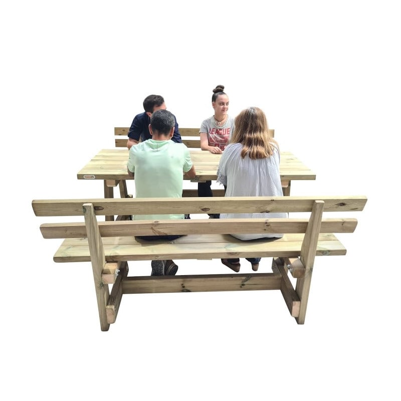 Mesa de madera XERTA con bancos con respaldo VIC