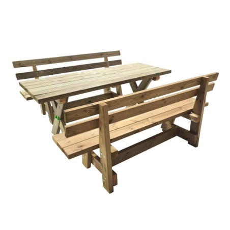 Mesa de madera XERTA con bancos con respaldo VIC