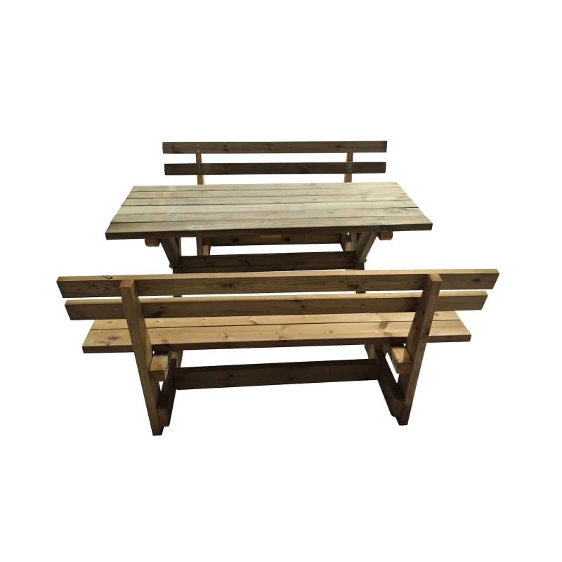 Mesa de madera XERTA con bancos con respaldo VIC