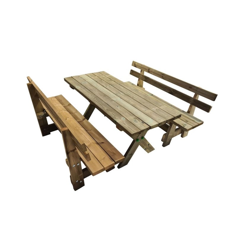 Mesa de madera XERTA con bancos con respaldo VIC