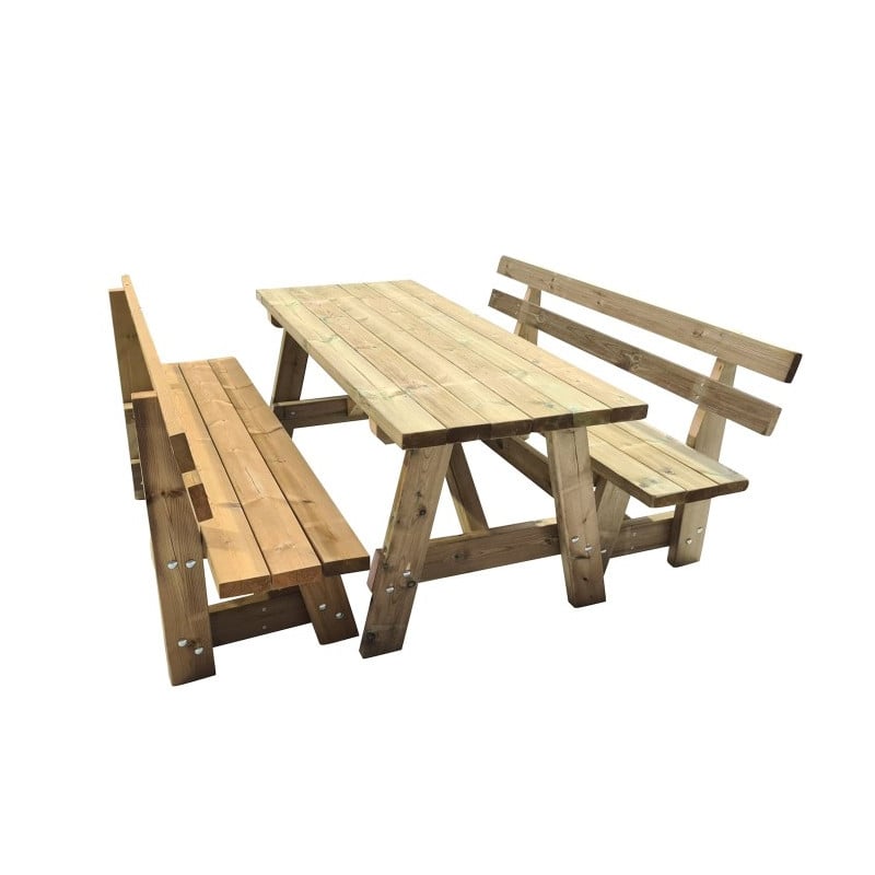 Mesa de madera ZURICH con bancos con respaldo VIC