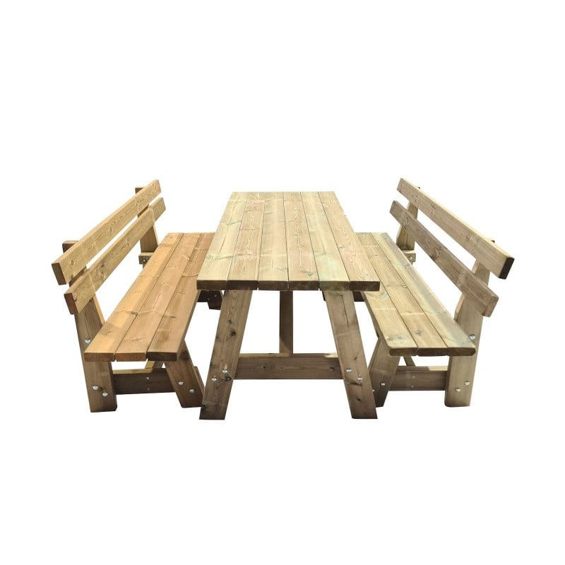 Mesa de madera ZURICH con bancos con respaldo VIC