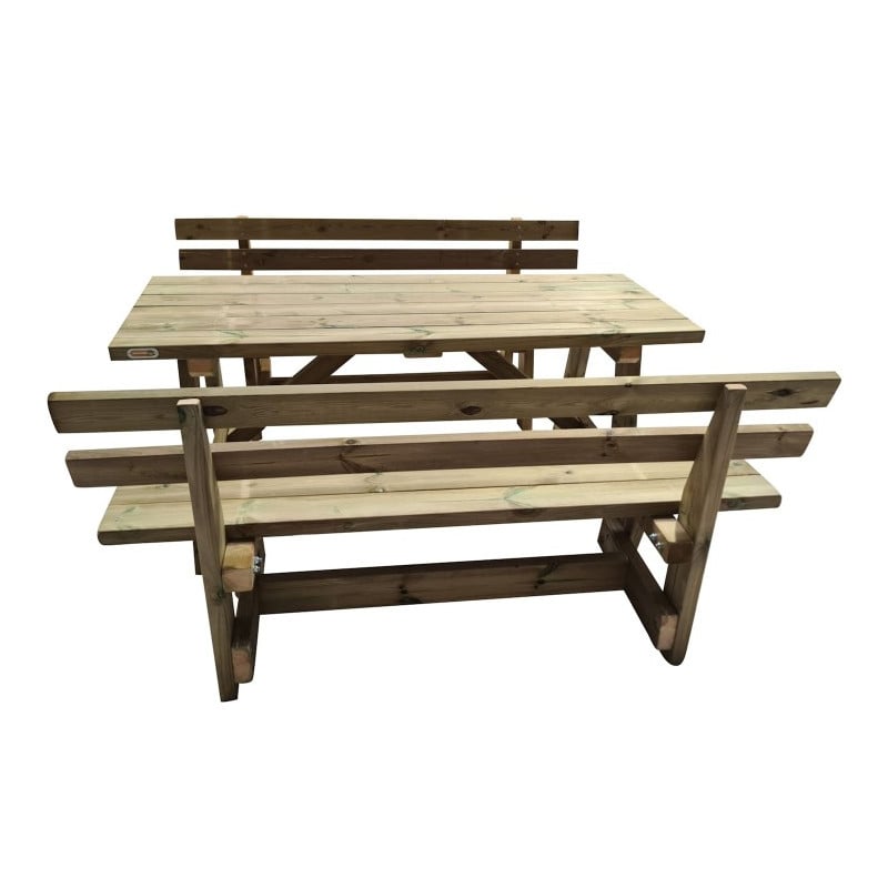 Mesa de madera ZURICH con bancos con respaldo VIC