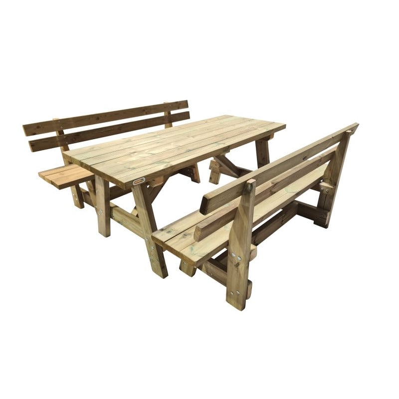 Mesa de madera ZURICH con bancos con respaldo VIC