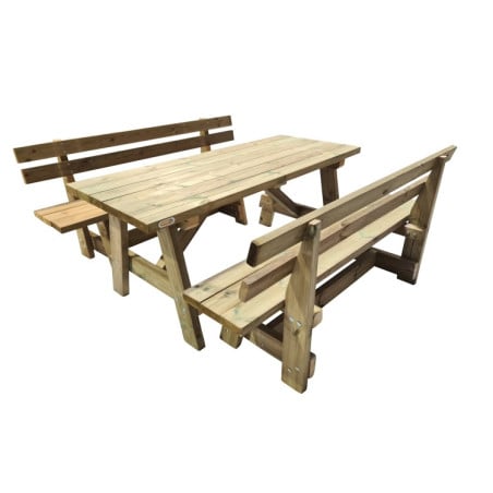 Mesa de madera ZURICH con bancos con respaldo VIC