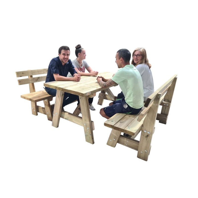 Mesa de madera ZURICH con bancos con respaldo VIC