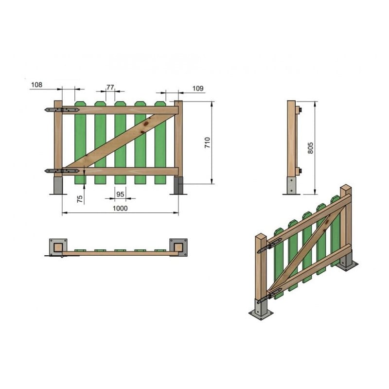 Puerta para valla de madera Masgames MERLET 80 Madera sin pintar