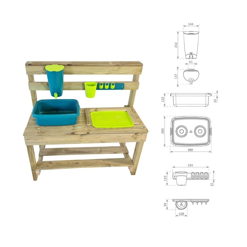 Cocinita infantil de madera para exterior Masgames CANDY Se incluye kit de cacharros de cocina: cazo, olla, cazuela, escumaderas