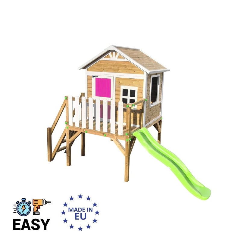Casita infantil de madera por paneles Masgames FLAM elevada 90 cm Rosa