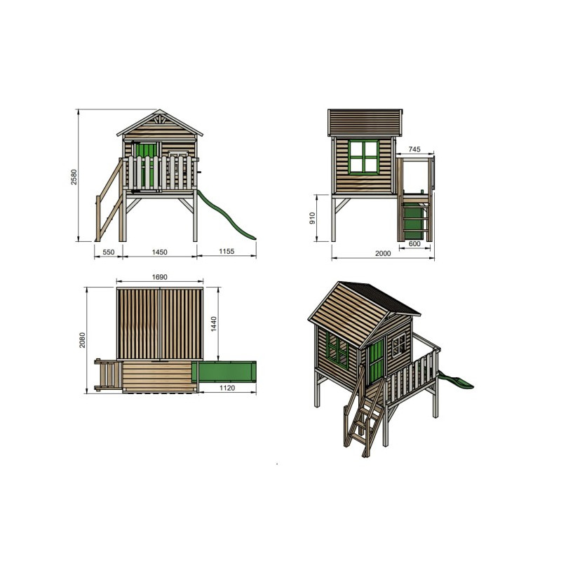 Casita infantil de madera por paneles Masgames FLAM elevada 90 cm Verde