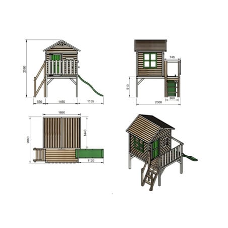 Casita infantil de madera por paneles Masgames FLAM elevada 90 cm Verde
