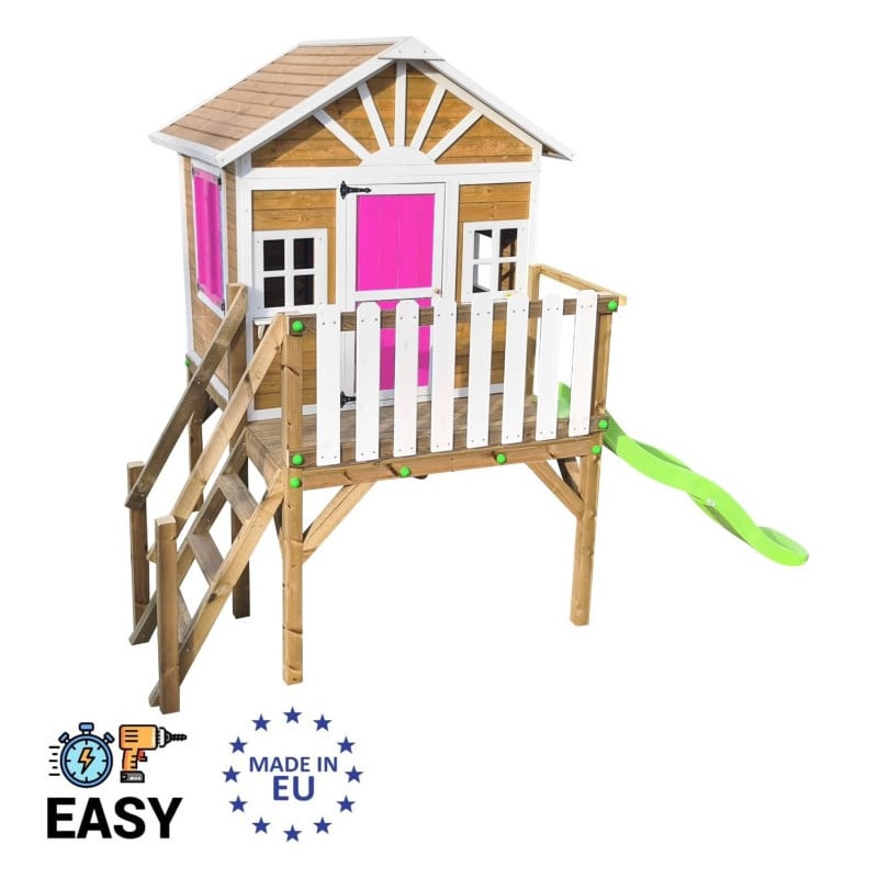 Casita infantil de madera por paneles Masgames VISBY elevada 90 cm Rosa