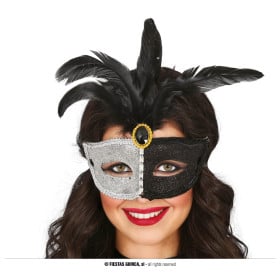 Antifaz Blanco y Negro Con Plumas Negras