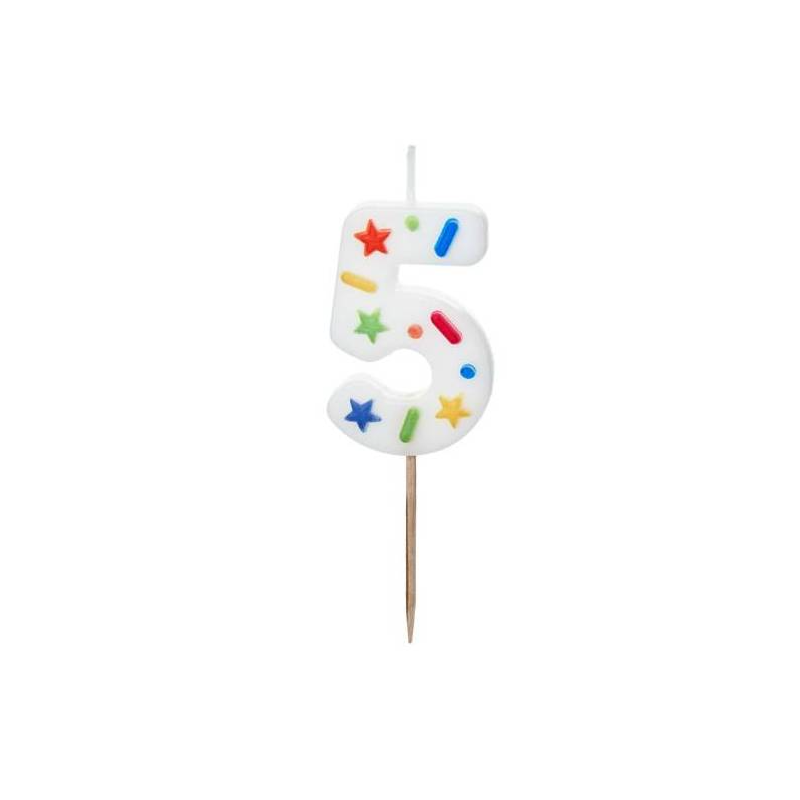 Vela Cumpleaños Número 5 Blanca Confeti De Fiesta Y Cumpleaños