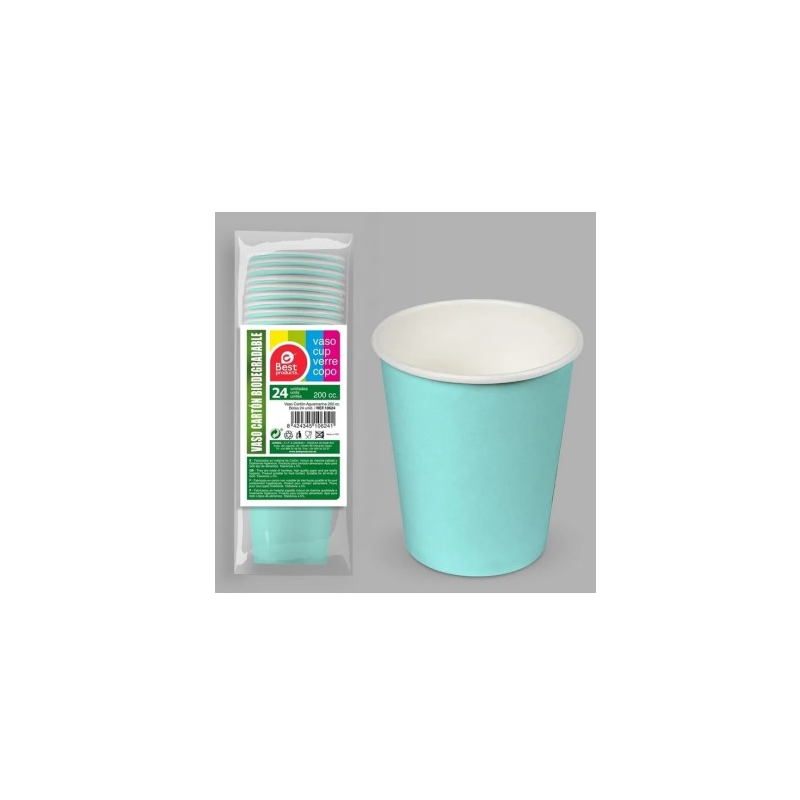 Vasos Cartón Aguamarina 200 Ml 24 Ud De Fiesta y Cumpleaños