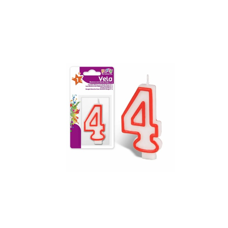 Vela Blanca Con Borde Rojo Nº 4 De Fiesta Y Cumpleaños