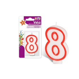 Vela Blanca Con Borde Rojo Nº 8 De Fiesta Y Cumpleaños