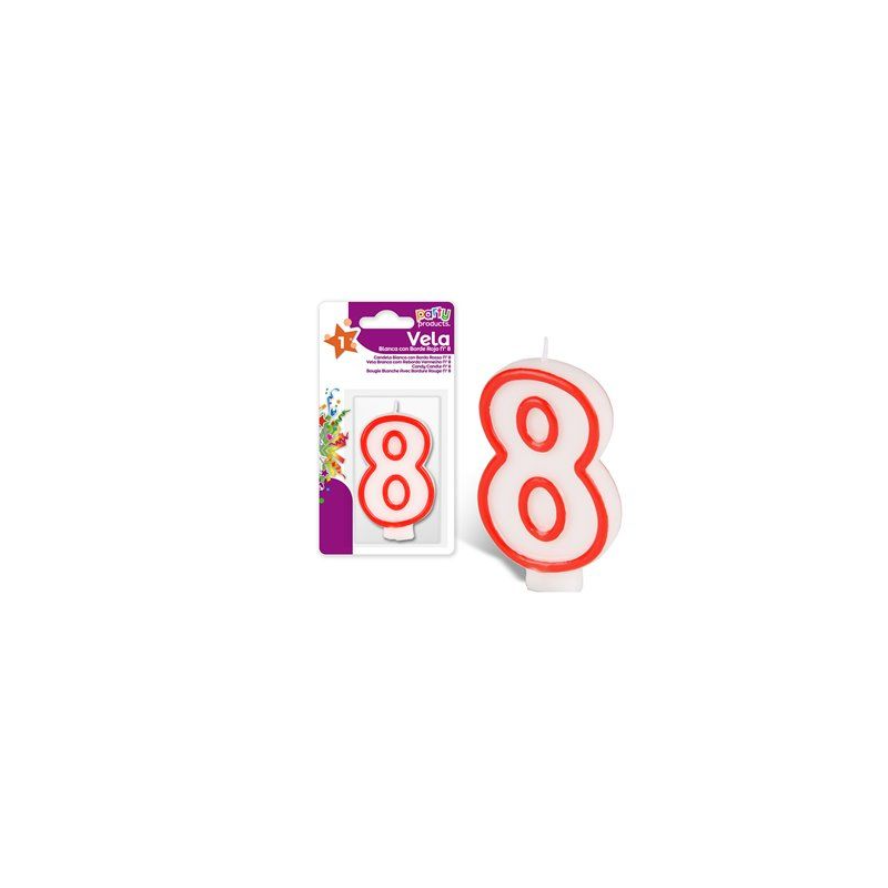Vela Blanca Con Borde Rojo Nº 8 De Fiesta Y Cumpleaños