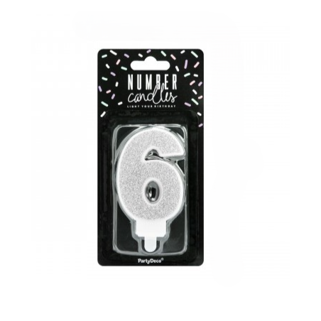 Vela Cumpleaños Plateada Brilla Nº 6 De Fiesta Y Cumpleaños