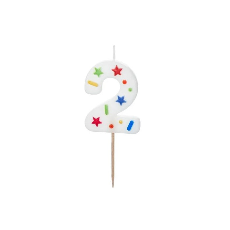 Vela Cumpleaños Número 2 Blanca Confeti De Fiesta Y Cumpleaños