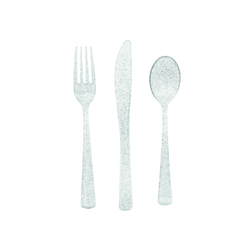 Cubiertos Plástico Purpurina Plata 18 UDS De Fiesta y Cumpleaños