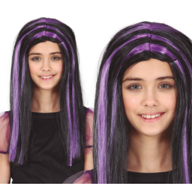 Peluca Infantil Negra Con Mechas Lila