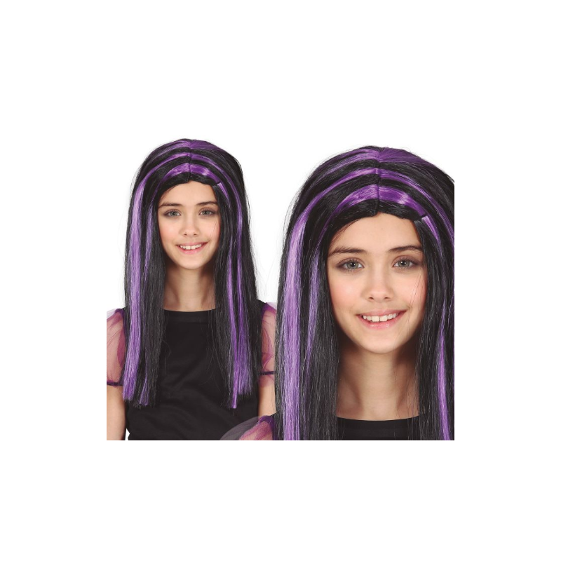 Peluca Infantil Negra Con Mechas Lila
