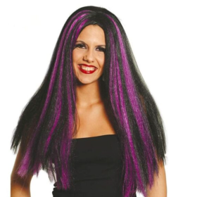 Peluca Larga Negra Con Mechas Fucsias
