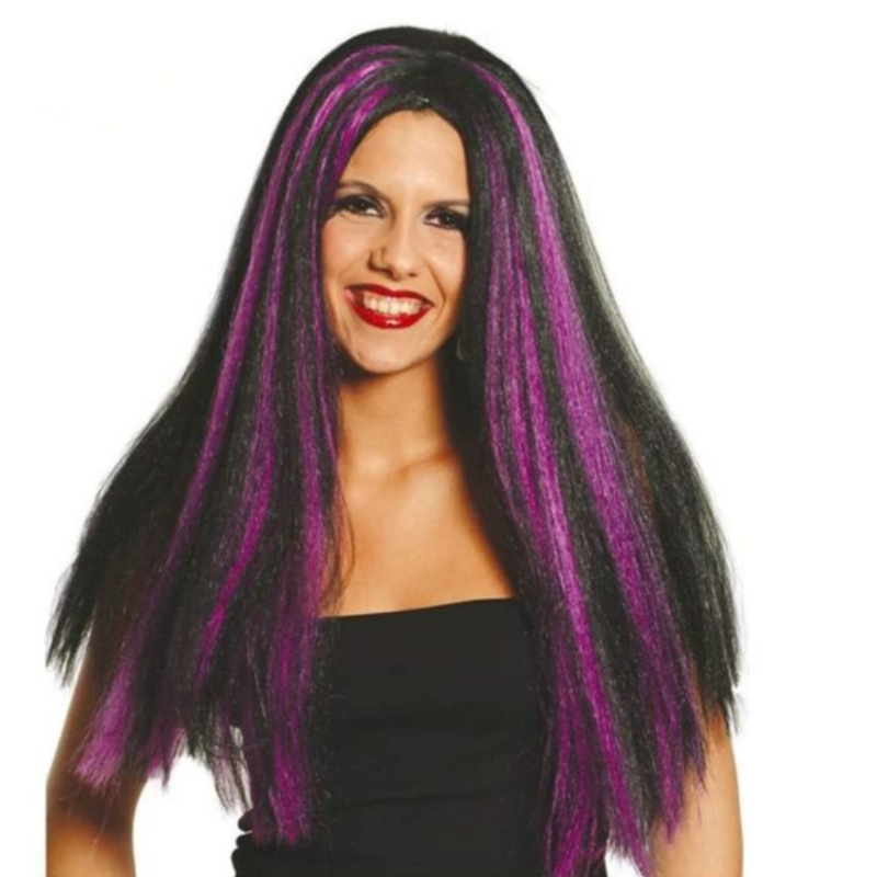Peluca Larga Negra Con Mechas Fucsias