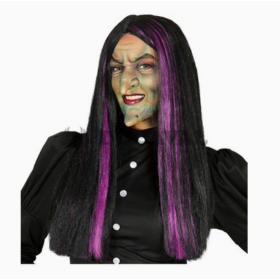Peluca Larga Negra Con Mechas Fucsias 2