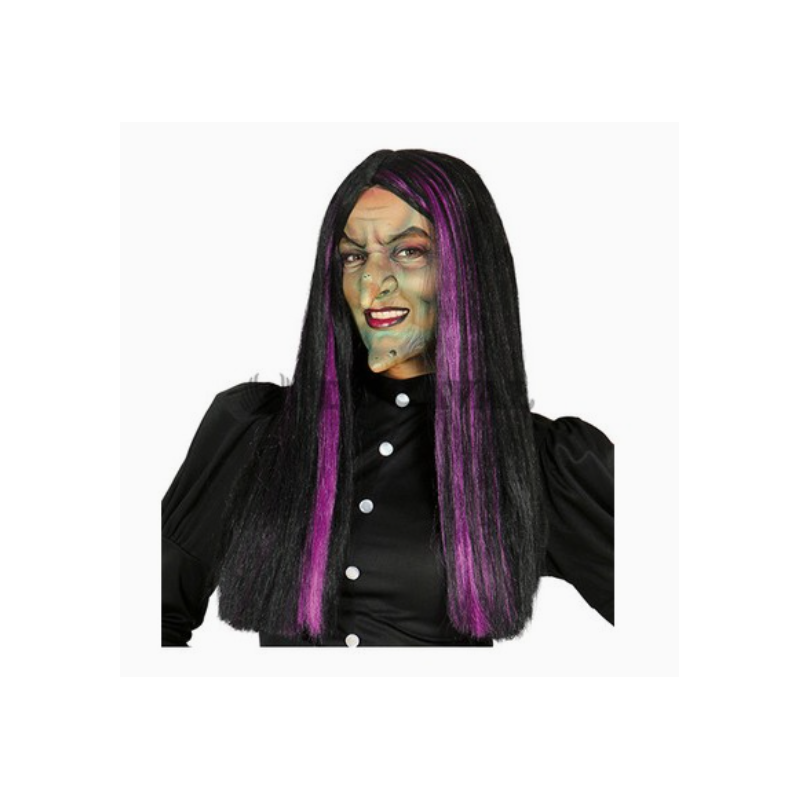 Peluca Larga Negra Con Mechas Fucsias