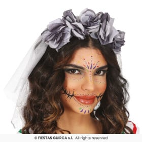 Diadema con Velo y Flores Grises