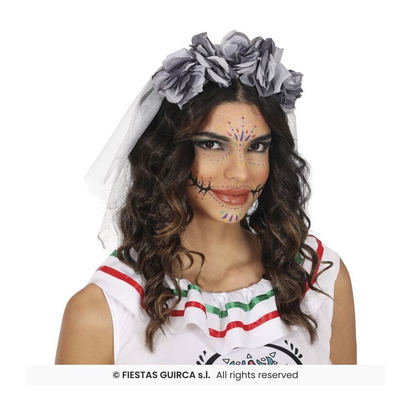 Diadema con Velo y Flores Grises