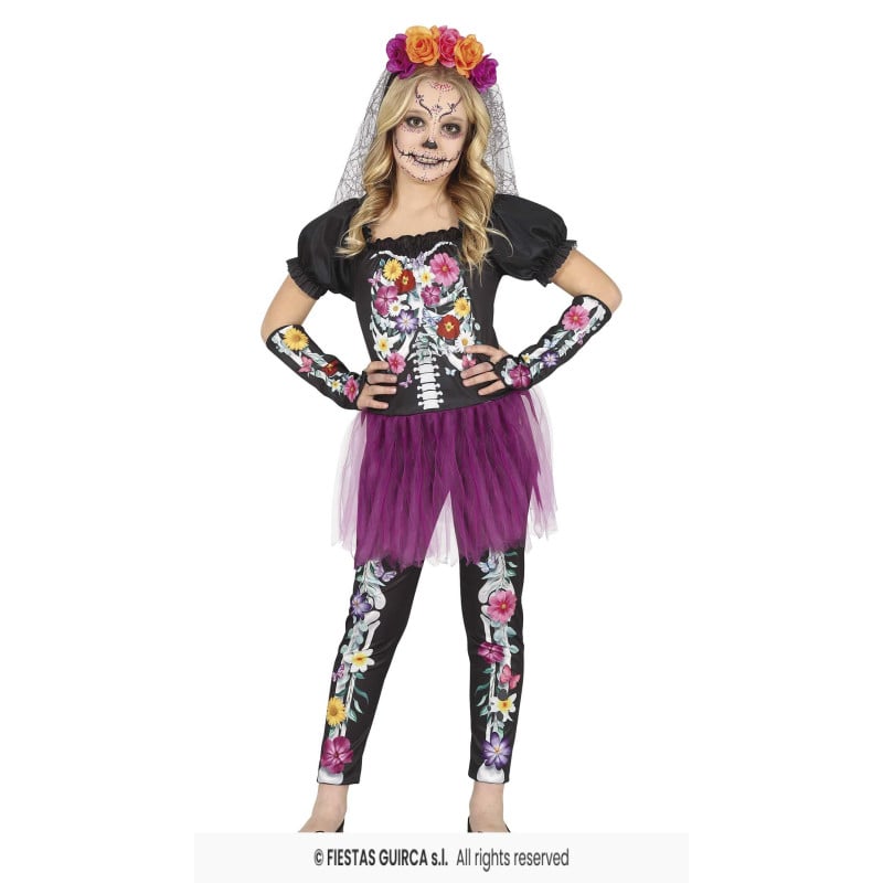 Disfraz Catrina Con Flores Infantil Talla 7-9 Años De Fiestas Guirca
