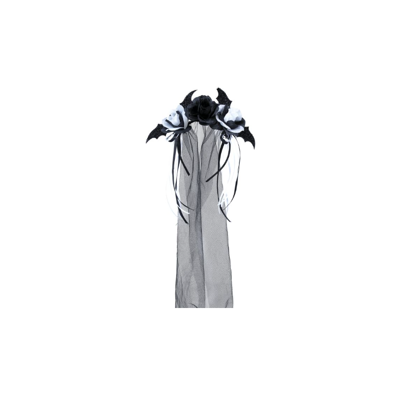 Diadema con Flores Negras y Blancas con Velo