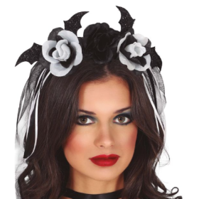 Diadema con Flores Negras y Blancas con Velo
