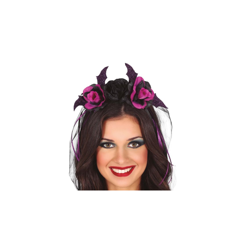 Diadema con Flores Negras y Lilas con Velo