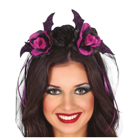 Diadema con Flores Negras y Lilas con Velo