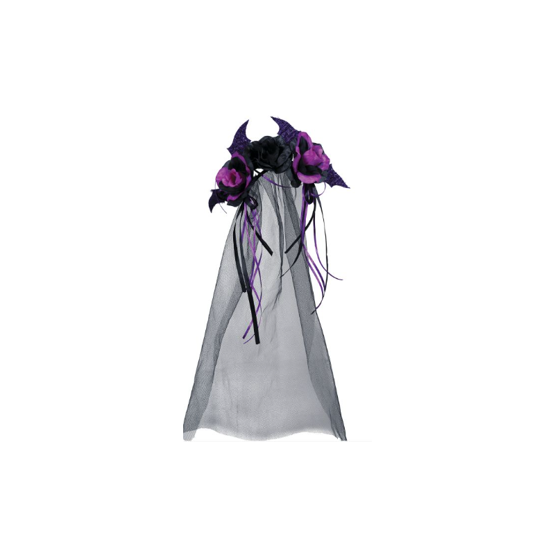 Diadema con Flores Negras y Lilas con Velo